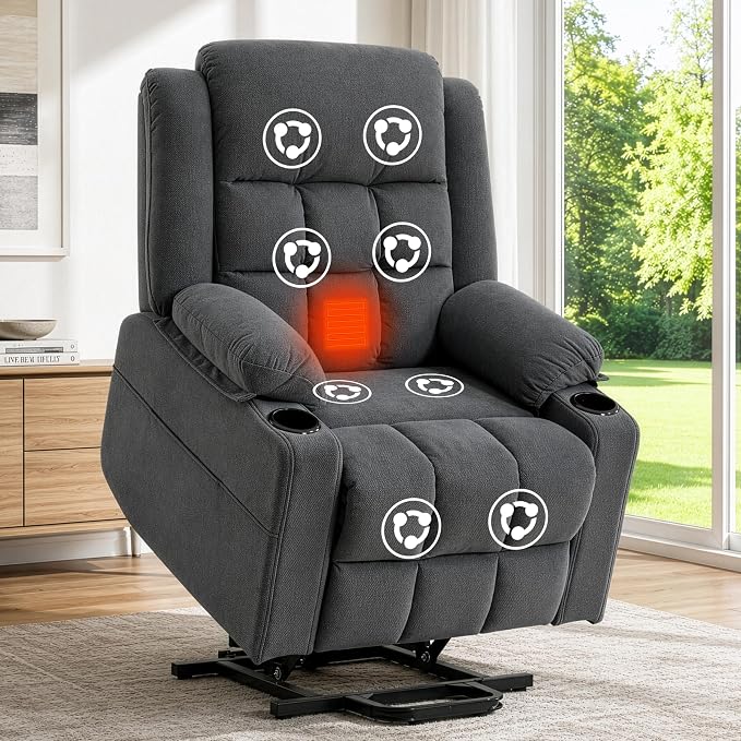 Power Lift Recliner Chair for Elderly Adults with Massage and Heat, Fabric Electric Recliner Sofa with Side Pocket, Two Cup Holders for Living Room L9912 (Dark Grey)