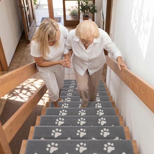 DEXDE Stair Treads for Wooden Steps Non-Slip 4pcs, 30"x8" Grey | Carpet Stair Treads Non Slip Backing Indoor, Soft Washable Stair Runners Self-Adhesive Staircase Rugs for Kids Pets Elders
