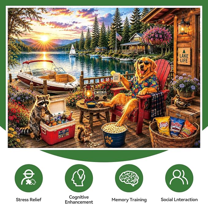 300 Piece Jigsaw Puzzle for Kids & Adults – Lake Life Scene with Golden Retriever, Boat, Cabin, Sunset Lake View & Outdoor Deck, Family Puzzle Gift for Boys Girls Ages 8+, 20.5 x 15 in