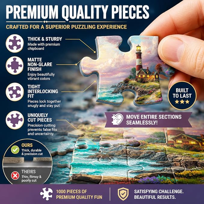 Adult Jigsaw Puzzle – Ocean Lighthouse 1000 Piece | Features a colorful beach sunset lighthouse scene. 20x27 inches — Great for game nights on a table, puzzleboard, or floor.