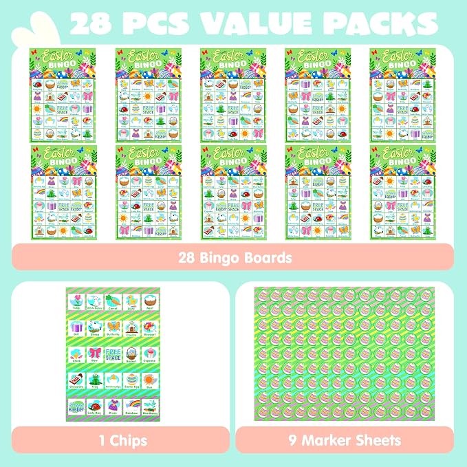 JOYIN 28 Players Easter Bingo Cards (5x5) for Easter Party Goodies Games, Kids School Classroom Gift, Indoor Family Activities, Basket Filler Stuffers