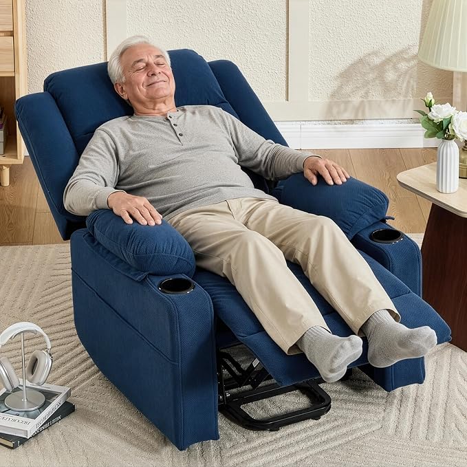 Power Lift Recliner Chair for Elderly Adults with Massage and Heat, Fabric Electric Recliner Sofa with Side Pocket, Two Cup Holders for Living Room L9912 (Navy Blue)