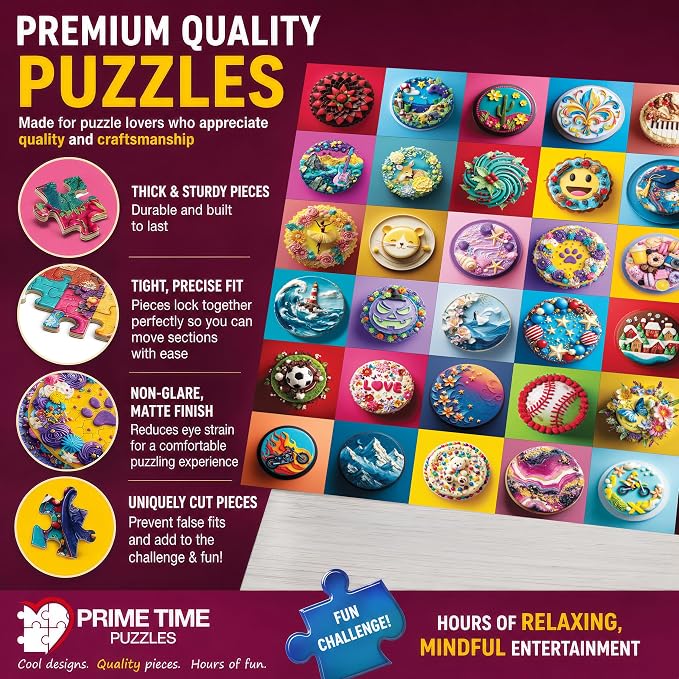Adult Jigsaw Puzzle 1000 Piece Colorful Cakes | Features a vibrant gallery of unique cakes. 20x27 inches — Great for game nights on a table, puzzleboard, or floor.