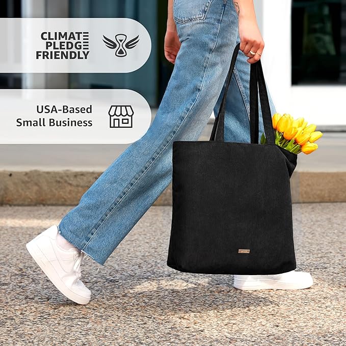 VANDEL Corduroy Tote Bag for Women and Men with Zipper and Inner Pockets. Cute School Tote Bag with Zipper, Aesthetic