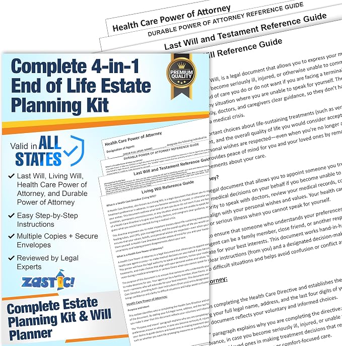 Complete Estate Planning Kit & Will Planner – Last Will and Testament, Living Will, Durable Power of Attorney, and Health Care Power of Attorney – Do It Yourself Legal Will and Testament Kit