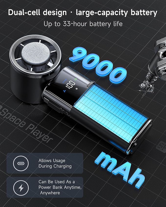Space Player Portable Handheld Fan, 9000mAh, Turbo Airflow, Cooling Plate | 100 Adjustable Speeds, LED Display, USB-C Rechargeable, 4-in-1 Design for Neck Wear, Desktop, Hanging, Travel and Outdoor Use