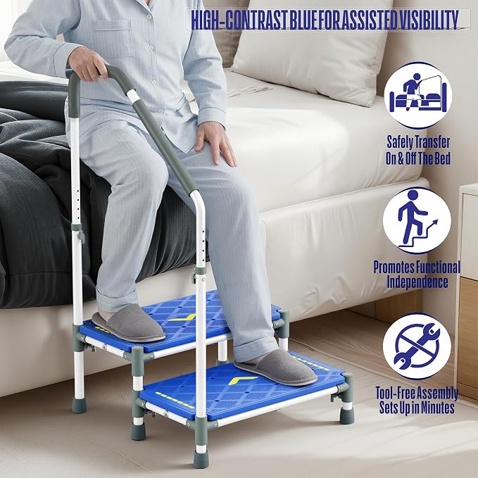Extra Long Step Stool with Handle for Elderly(22 Inch), Heavy Duty 2 Stepping Stool with Adjustable Handrails for High Beds, Non-Skid Platform Foot Stool for Adults, Seniors, Handicapped (Blue)