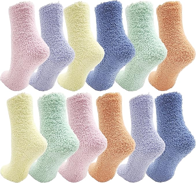12 Pairs Fuzzy Socks for Women, Soft Fluffy Cozy Thick Warm Winter Holiday Stocking Stuffer Bulk Pack