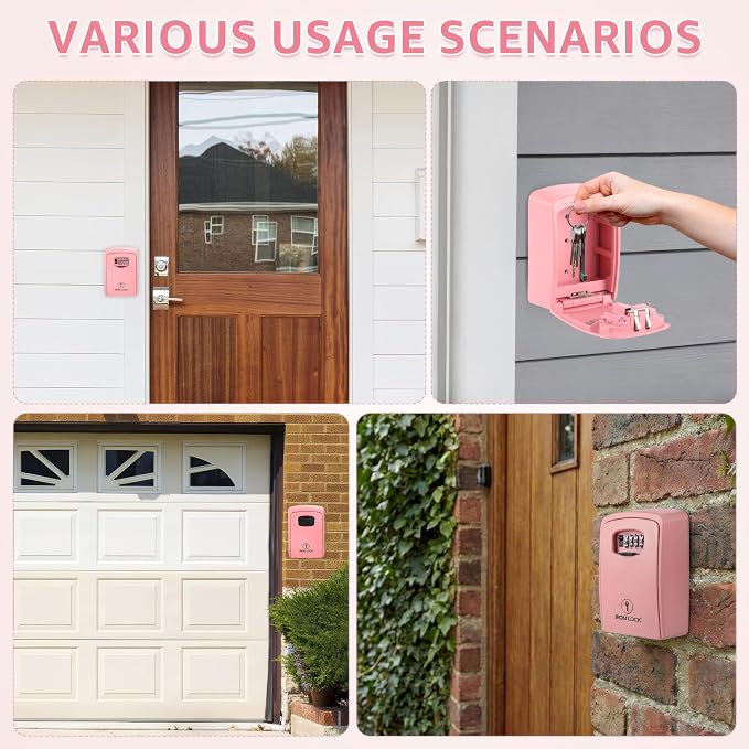 Iron Lock® XXL Wall Mount Key Lock Box, Outdoor Combination Code (Pink) | Fits 20-30 spares plus fobs & cards; unique built-in tray so keys don't fall out; dial cover; screws & anchors included