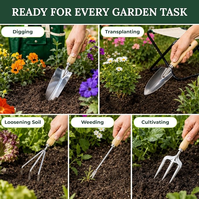 GardenHOME 7-Piece Gardening Tool Set with Folding Stool and Storage Tote Bag, Stainless Steel Garden Tools with Wooden Handles, Garden Kit for Planting, Weeding, Pruning, Yard Work, Gardening Gifts
