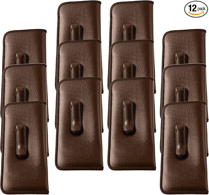 Calabria Soft Slip-In Glasses Case with Pocket Belt Metal Clip Brown for Men/Women Synthetic Leather Felt Lining 6.5"x3" - 12PACK