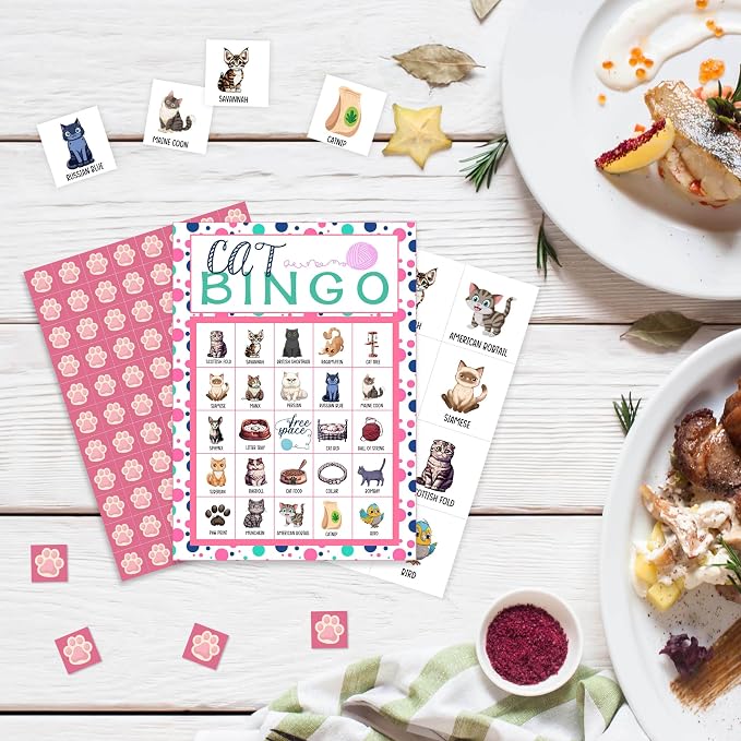 Cat Bingo Game Cards, Kitten Bingo Games for Adults, Pet Cards Supplies, Pawty Party Birthday Party Decor Favors, Card Gifts for Cat Lovers Women Friends Family Holiday, 02