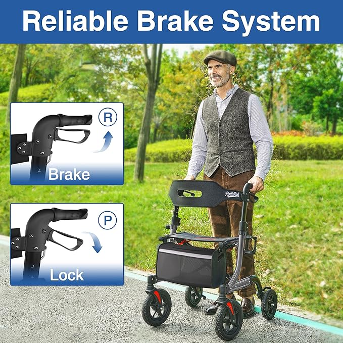 Walkers for Seniors with Seat, Foldable Rollator Walker, Reinforced Aluminum Frame, 10" Big Rubber Wheels for All Terrain, Built-in Cable, Lightweight Rolling Walker, Gray