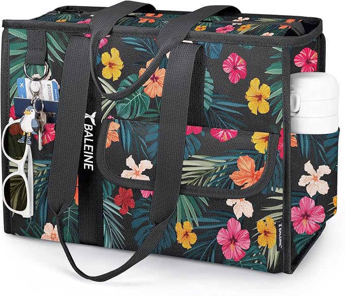 BALEINE Large Utility Tote Bag with Reinforced Bottom, Multi Pockets Foldable Tote Bag for Nurse, Travel, Work