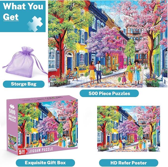 500 Piece Jigsaw Puzzle for Adults, Colorful Spring Street with Blossoms | Vibrant townhouses, blooming trees and cheerful family scenes for screen-free fun, game night, wall decor and senior gifts