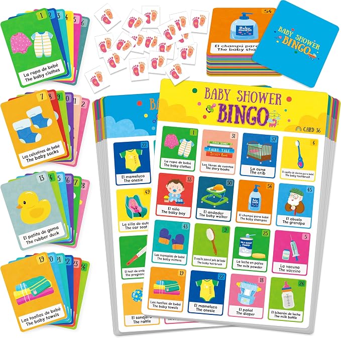 Gethelud Baby Shower Bingo Game, 50 Bilingual Spanish & English Bingo Cards for Gender Reveal Party, Baby Shower, Game Favors, Supplies, Decorations for Adults (50 Players)