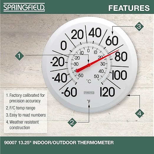 Springfield Indoor Outdoor Big and Bold Thermometer with Mounting Bracket, Easy to Read Numbers for Patio, Pool, and Indoor Areas, 13.25-Inch, White