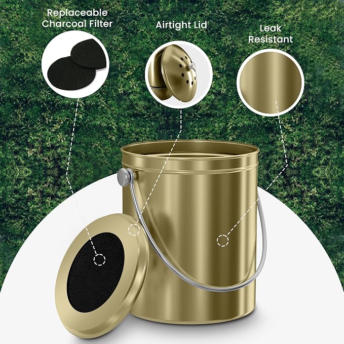 Utopia Kitchen Countertop Compost Bin 1.3 Gallon, Stainless Steel, Gold | Odorless countertop compost bin with charcoal filter, ideal for food scraps and waste