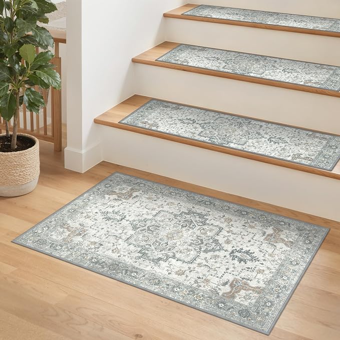 SARBEN 24"x36" Non Slip Stair Treads for Wooden Steps 1 Pack, Taupe | Peel and Stick Carpet Stair Runner with TPE Adhesive Backing, Carpet for Added Safety, Pet and Senior Friendly