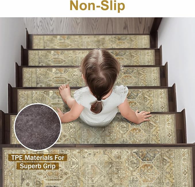 sarben 8"x30" Non Slip Stair Treads for Wooden Steps 15 Pack, Tawny Ivory | Peel and Stick Carpet Stair Runner with TPE Adhesive Backing, Carpet for Added Safety, Pet and Senior Friendly