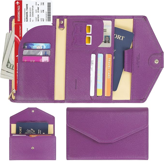 Passport Holder Travel Wallet Organizer for Women,Aubergine Purple | RFID secure, 6 card slots, 32 sim pockets, passport holder with zip-around wallet, slim fit for women travelers.
