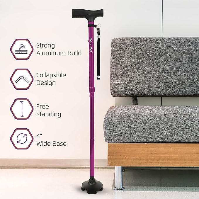 Allay Walking Cane for Men & Women - Foldable, Adjustable, Collapsible Walking Canes for Seniors Balance, Free Standing, Pivot Tip, Heavy Duty, with Travel Bag | Walking Sticks for Seniors & Adults