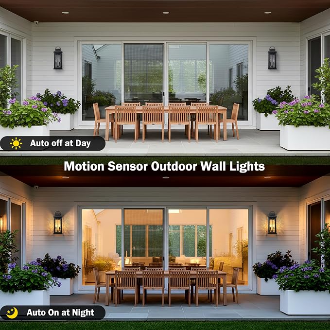 20 Inch Large Motion Sensor Outdoor Wall Lights | Matte Black, 3 Lighting Modes, E12 Sockets, Water Glass, Hardwired, Waterproof Dusk to Dawn Outdoor Lighting For Patio Garage