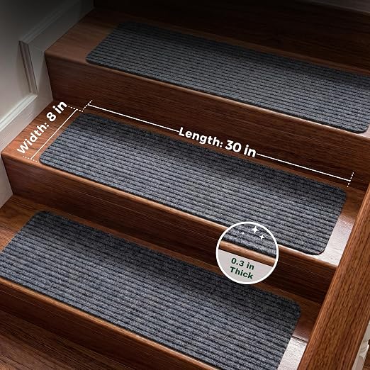 MBIGM Carpet Stair Treads for Wooden Steps, 7 Pack, 8" x 30", Grey Stripe | Four-layer polyester carpet with PP grid base, nonwoven cushion and TPR adhesive backing adds indoor traction and comfort