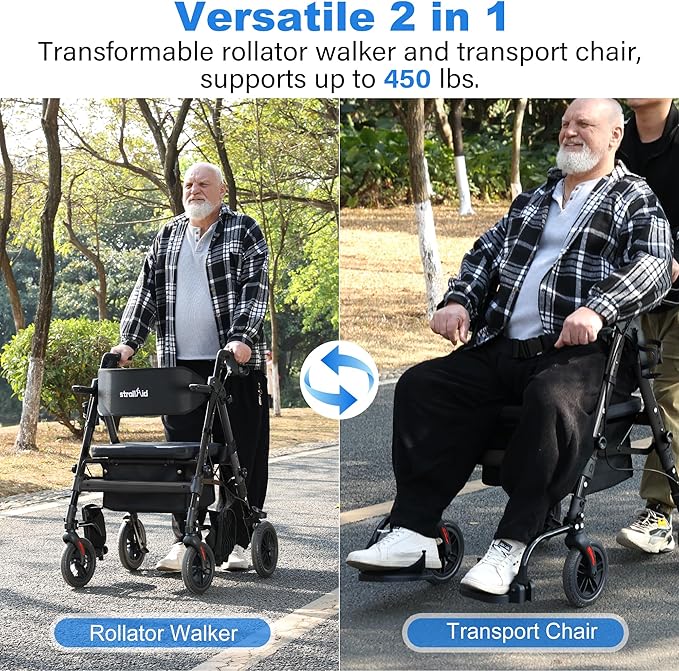 Walkers for Seniors,Heavy Duty Rollator Walker Wheelchair Combo, 2 in 1 Rollator Transport Chair with Brakes, 450 lb Rolling Walker 10" Big Wheels for All Terrain, Black