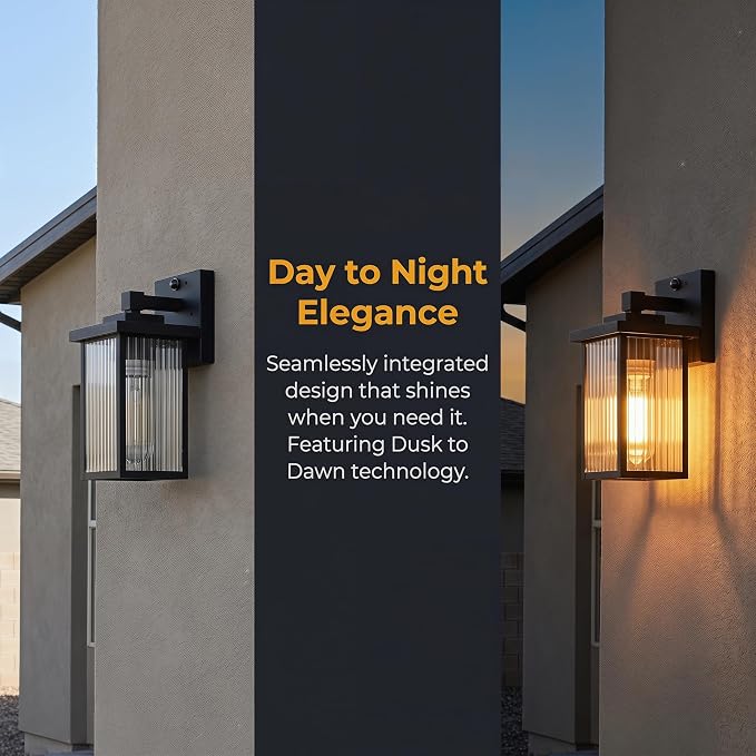 2-Pack Motion Sensor Porch Light, Dusk to Dawn Outdoor Light Black | 2 Modes, 220° Motion Detection, Auto On and Off, Anti-Rust Metal Frame, Pre-Assembled DIY Install on Porch, Garage