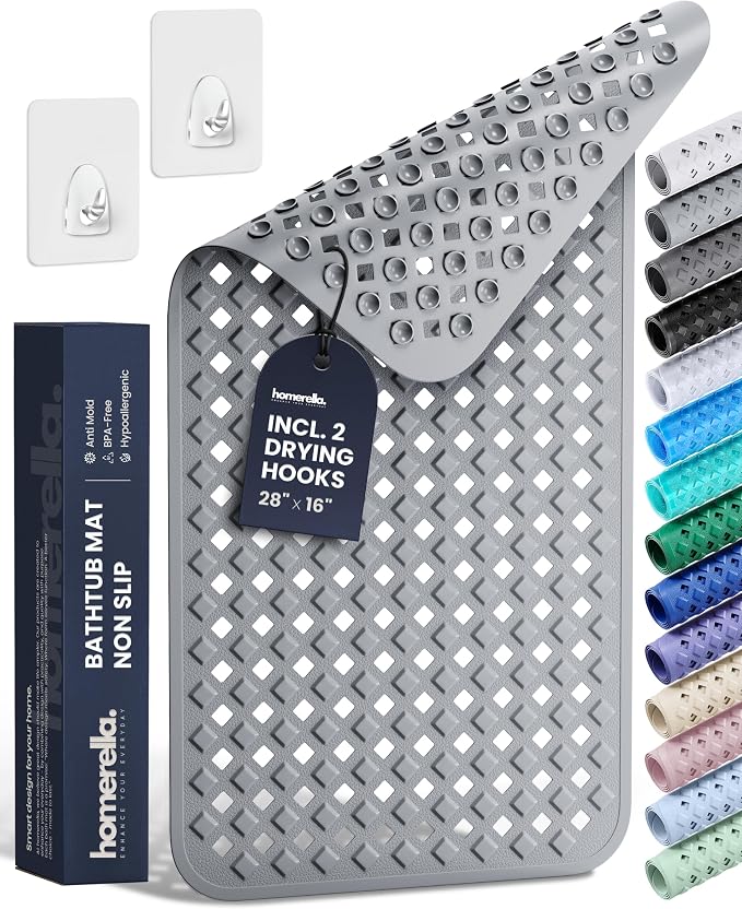 Bathtub Mat Non Slip 28x16 - homerella® Bath Mat Incl. Hooks for Drying, 100% BPA Free, Shower Mat Non Slip Anti Mold, Machine Washable, Shower Mats for Inside Shower Mildew Resistant (Grey)