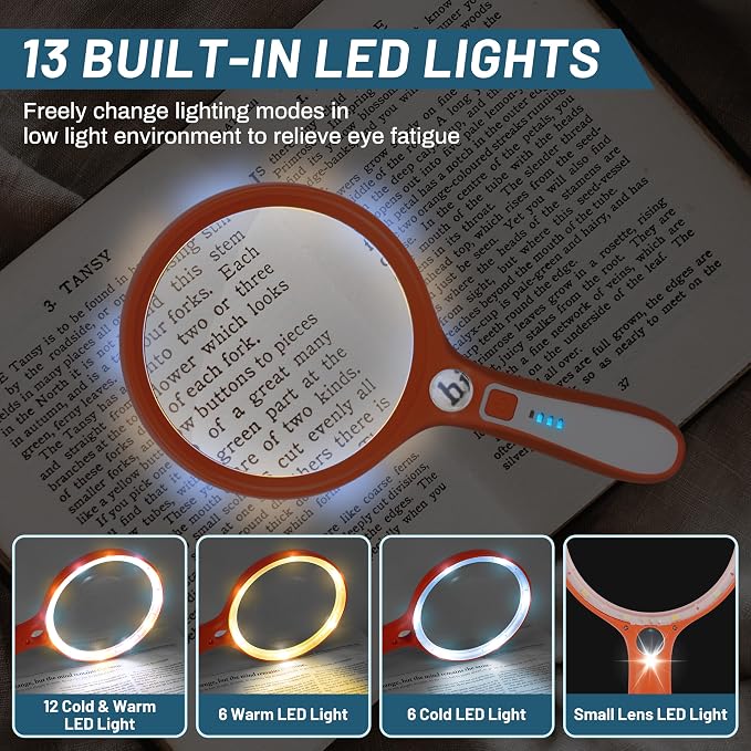 Large Magnifying Glass with Light: 5IN Handheld Illuminated Lighted Magnifier with 13 LED Lights, Rechargeable Magnifier (Orange+White, Magnifier with Light (No Case))