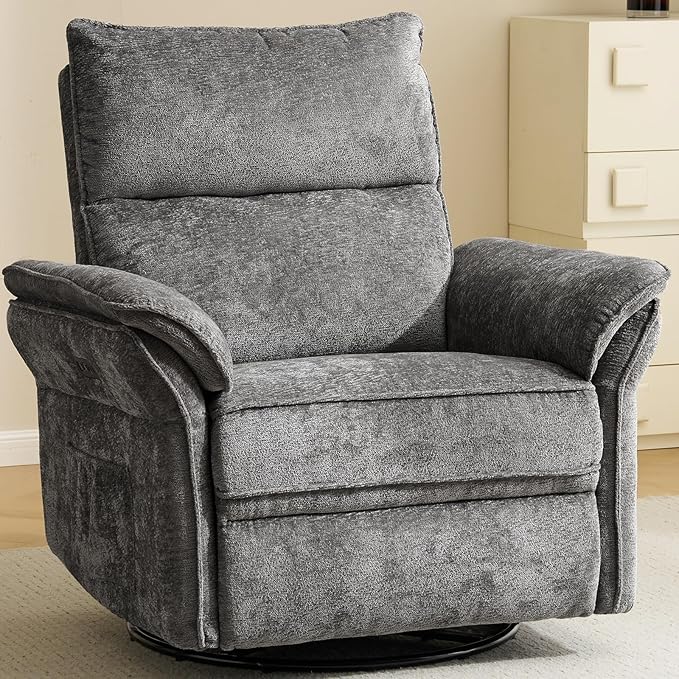Oversized Power Recliner Chair Swivel Glider with Massage and Heat, Rocker Nursery Recliner for Adults with Adjustable Headrest, 24" Extra Wide Nursery Chair with Overstuffed Armrest, Dark Grey