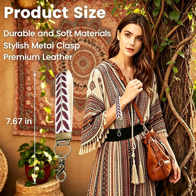 Boho Vintage Embroidered Floral plant Wristlet Keychain for Women | Cute Lanyard&Antique Brass Clasp, Lightweight Hands-Free Key Holder for keys,purses,handbags and daily outdoor use for ladies