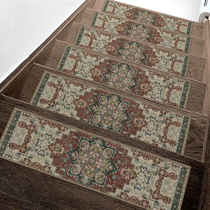 sarben 8"x30" Non Slip Stair Treads for Wooden Steps 15 Pack, Annatto | Peel and Stick Carpet Stair Runner with TPE Adhesive Backing, Carpet for Added Safety, Pet and Senior Friendly