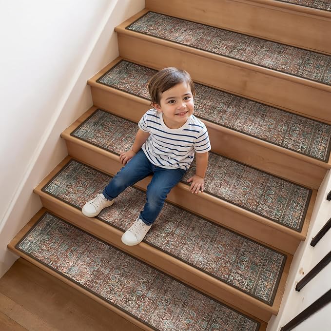 sarben 8"x30" Non Slip Stair Treads for Wooden Steps 15Pk,Light Clay Brown | Peel and Stick Carpet Stair Runner with TPE Adhesive Backing, Carpet for Added Safety, Pet and Senior Friendly