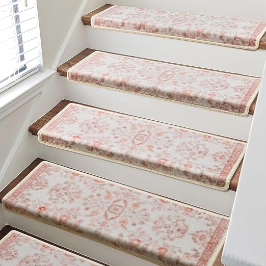 RORA Bullnose Stair Treads for Wooden Steps, Non Slip Stair Carpet 2pcs | Washable, Self-Adhesive, Floral Stair Rug Runner with Edge Protection for Indoor, Pets & Elder, 29.5 x 9.5x 1.7, Pink