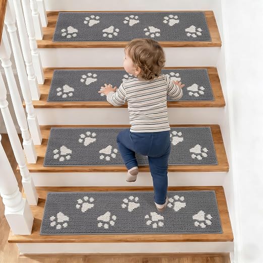 DEXDE Stair Treads for Wooden Steps Non-Slip 4pcs, 30"x8" Grey | Carpet Stair Treads Non Slip Backing Indoor, Soft Washable Stair Runners Self-Adhesive Staircase Rugs for Kids Pets Elders