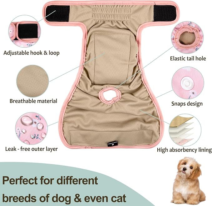 Female Dog Diapers 5Pcs - Premium Reusable Diapers for Doggie in Heat - Highly Absorbent Dog Diapers Female for Pet Incontinence with Adjustable Snaps, Flowers S