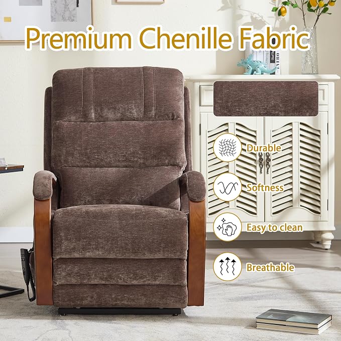 Power Lift Recliner Chair for Elderly People, Dual Motor Lift Chair with Vibration Massage and Heat, Lay Flat Recliner with Solid Wood Armrest, Standing Assistance Reclining, Chenille Fabric Brown