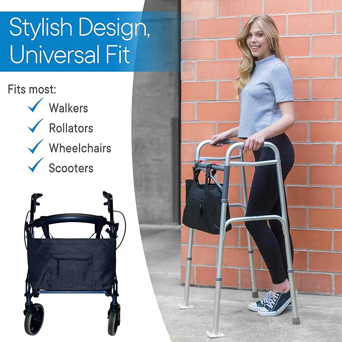 RMS Water Resistant Tote Bag for Walker, Rollator or Scooter (Black) | Walker Bag and Organizer, Carry a phone, wallet and personal items on a walker, rollator or scooter within easy reach