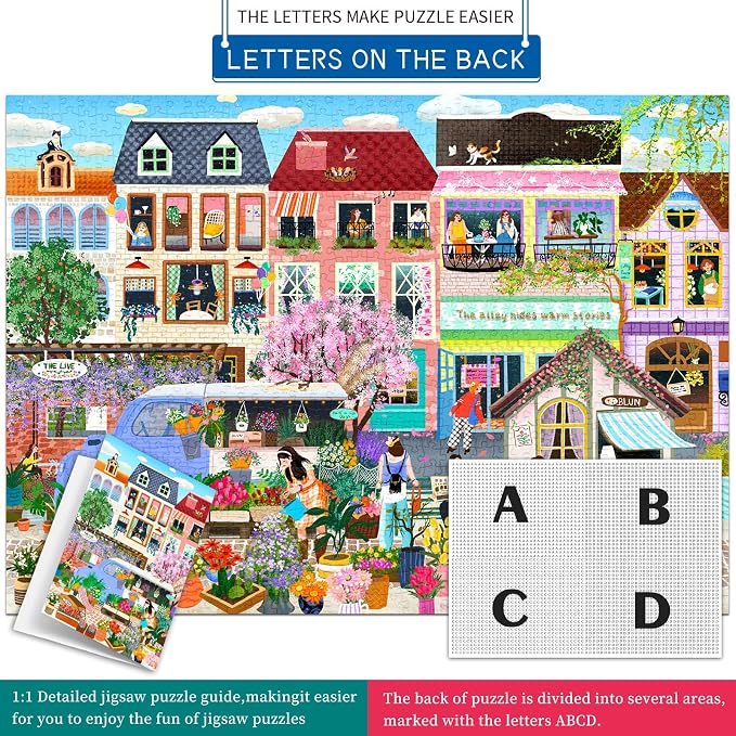 Cottagecore Flower Street Puzzles for Adults 1000 Pieces | 1:1 HD Reference Poster，ABCD Letter Markings on Back,Matte Oil,High Bite Force
