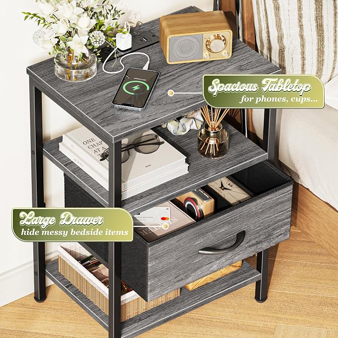 SUPERJARE Nightstand with Charging Station, USB-C Port, Bedside Table | Night Stand for Bedroom, with Adjustable Fabric Drawer, 3-Tier Storage End Table, for Living Room, Grey