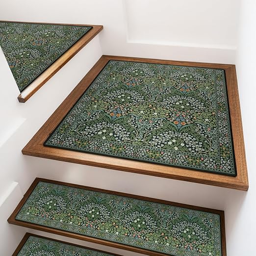 Stair Treads Landing Mat Non-Slip Stair Runner for Wooden Steps 31"x31" | Green Stair Rug Matching Mat Carpet Stair Treads Stair Mats Staircase Step Treads for Kids, Elders and Dogs Stair Covers