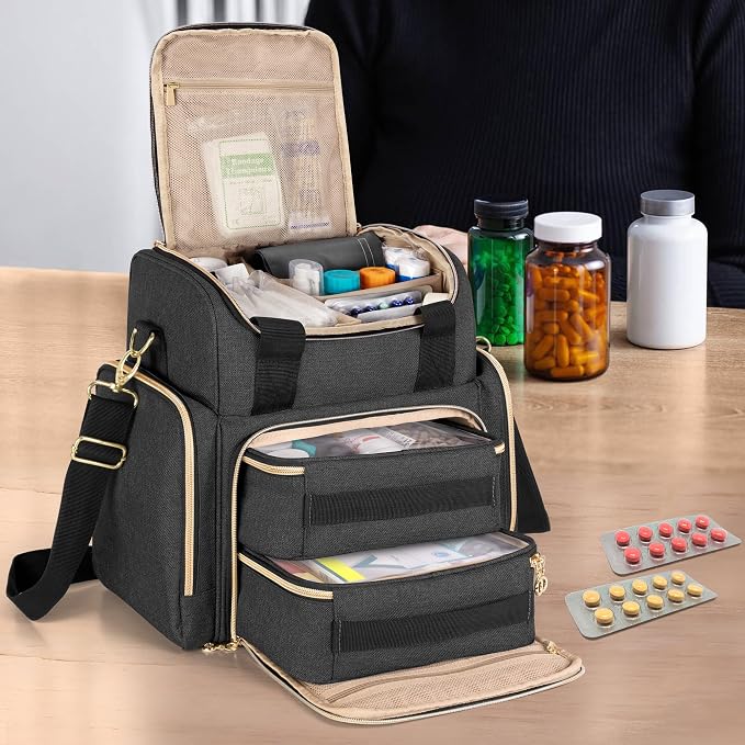 LUXJA Large Medicine Bag with 2 Removable Cases, Black | Medicine Storage Bag with Multiple Pockets, Pill Bottle Organizer with Shoulder Strap, Trolley Sleeve for Travel or Home