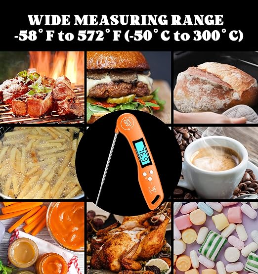 DOQAUS Digital Meat Thermometer, Instant Read Food Thermometer for Cooking | Backlit & Auto-Rotating Display, 4.6” Probe Perfect for Grilling, Baking, and BBQ Gift for Dad Men - Orange