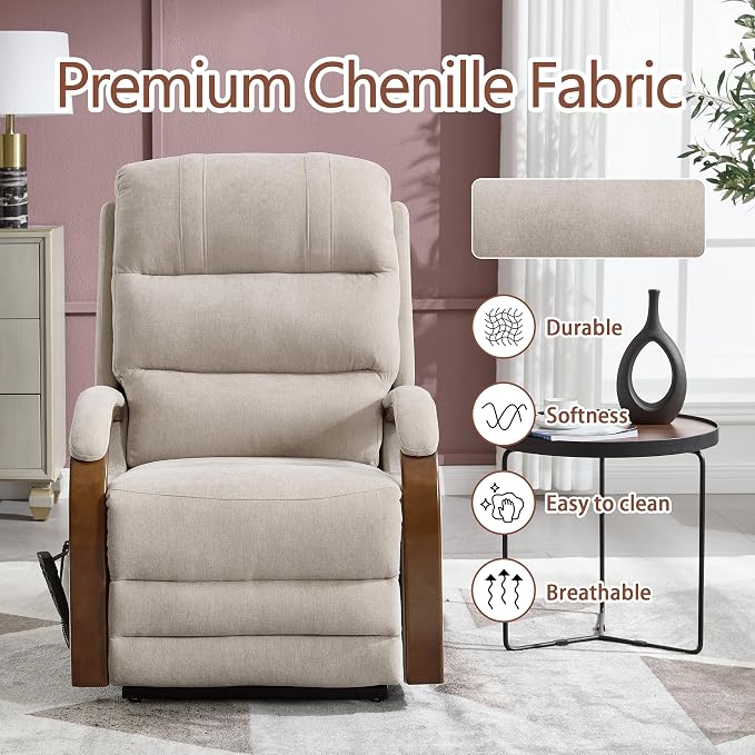 Power Lift Recliner Chair for Elderly People, Dual Motor Lift Chair with Vibration Massage and Heat, Lay Flat Recliner with Solid Wood Armrest, Standing Assistance Reclining, Chenille Fabric Beige