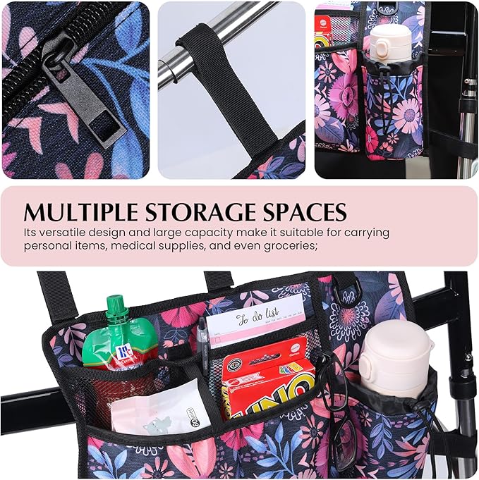 Walker Accessories for Folding Seniors Bag Walker Organizer Storage Pouch Cup Holder Carry with Pockets Detachable -red Flower