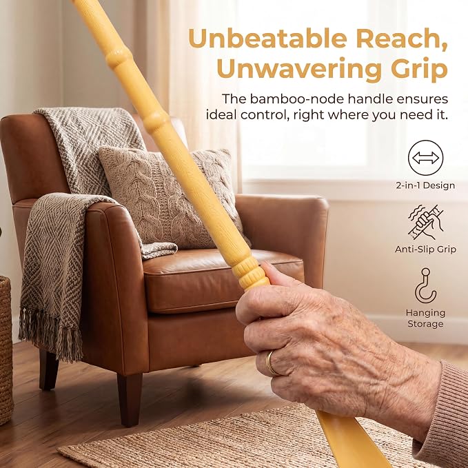 2pcs 2-in-1 Shoe Horn Long Handle and Back Scratcher for Seniors, Extra Long Durable PP Plastic Shoehorn with Vintage Bamboo Finish, Mobility Aid Shoe Helper for Disabled, Post-Surgery Recovery