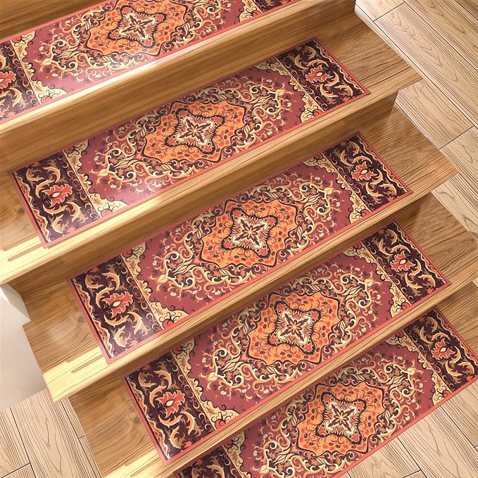 GIB Stair Treads for Wooden Steps Indoor, 15 Pack 8" X 30" Non Slip Carpet Stair Treads with Reusable Adhesive for Kids Elders and Dogs, Boho Vintage Oriental Stair Runner, Orange Red